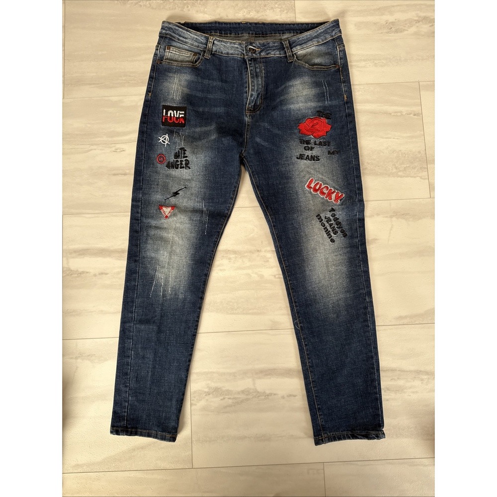 Fashion Denim Blue 38 Jeans Cotton Flower Letters Embroidery Stretch Skinny Leg